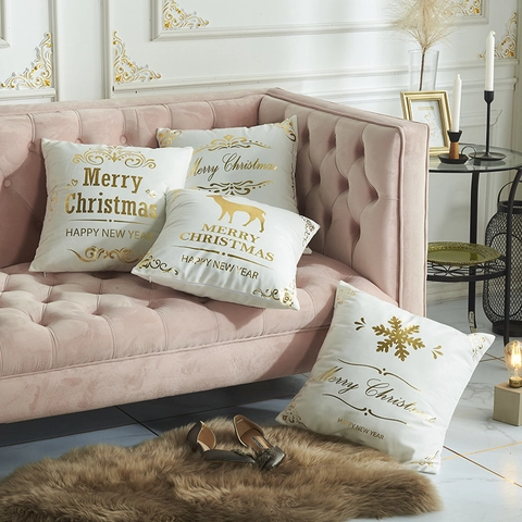 Kerst Gouden Stempelen Kussensloop Wit Fluweel Decoratieve Kussenhoes Rendier Sneeuwvlok Nieuwjaar Vakantie Woondecoratie