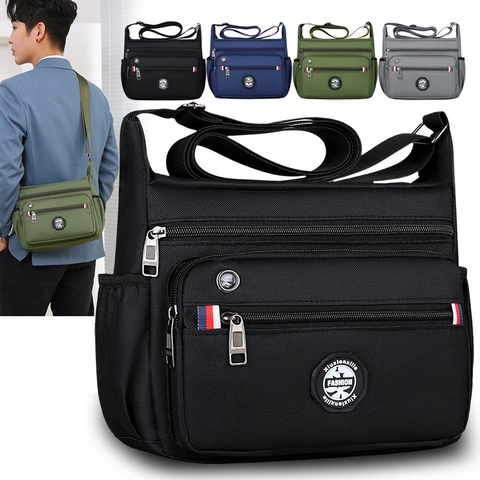 Bolso Bandolera Hombre Nylon Impermeable Multi Bolsillos Gran Capacidad Negocios Casual Bolso Mensajero Con Agujero Auriculares