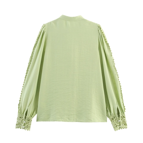Blusa Mujer Patchwork Encaje Manga Larga Linterna Botones Perla Artificial Cuello Alzado Color Sólido Dulce Elegante Tope