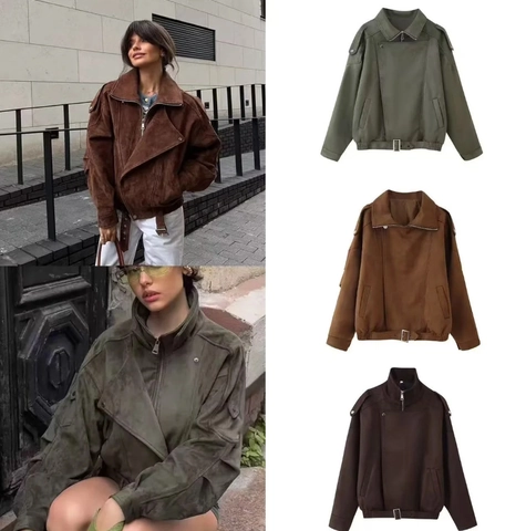 Veste De Moto En Daim Synthétique Pour Femme Courte Style Vintage Avec Ceinture Revers Streetwear