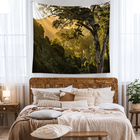 Forest Landscape Tapestry Wall Hanging Polyester Fabric Misty Woodland Sunbeam Nature Scenery Home Bedroom Decor