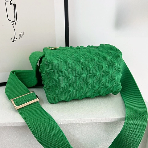 Women Bubble Textured Crossbody Bag Polyester Knitted Wide Adjustable Strap Street Style Casual Candy Color Shoulder Bag