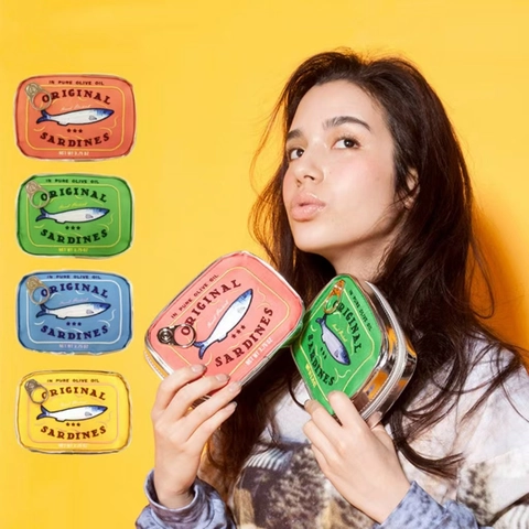 Sardine Tin Shape Storage Bag PU Leather Embroidery Retro Novelty Cosmetic Pouch Stationery Case Organizer For Travel