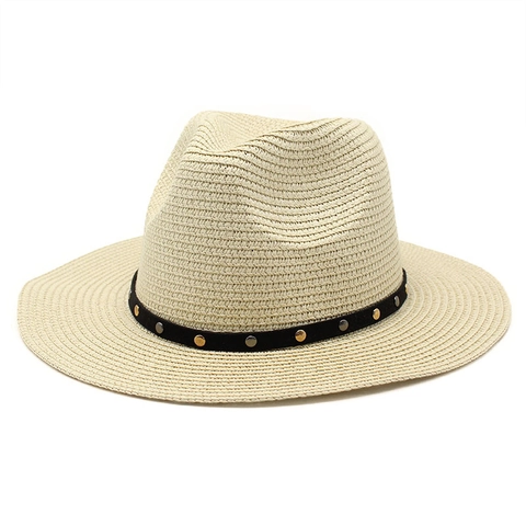 Woven Straw Fedora Hat Wide Brim Panama Sun Cap With Rivet Band Retro Jazz Style For Men Women Outdoor Beach