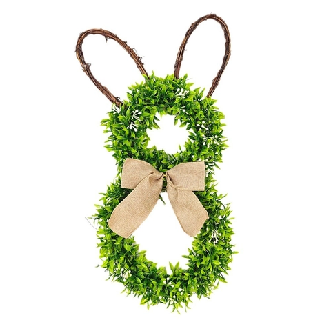 Easter Rabbit Wreath Artificial Green Leaves Rattan Ears Burlap Bow Door Wall Hanging Decor Spring Holiday Ornament
