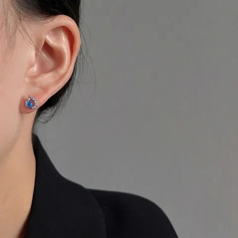 Boucles d'oreilles Clous Lune Étoile en Pierre Œil de Chat en Verre pour Femmes Cuivre Strass Micro-incrusté Mini Bijoux