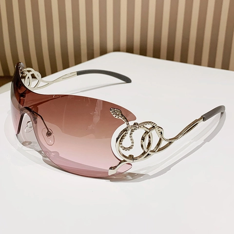 Rimless Oversized Sunglasses With Serpent Snake Metal Temples UV400 Protection Y2K Fashion Shield Eyewear For Women Men
