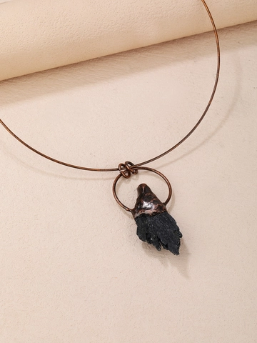 Natural Black Tourmaline Pendant Choker Necklace Irregular Raw Stone Copper Wire Wrapped Handcrafted Punk Retro Jewelry