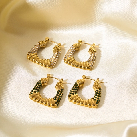 Vintage 18K Vergulde Roestvrijstalen Geometrische Hoop Oorbellen Met Groene Zirkoon Voor Dames Modieuze Sieraden