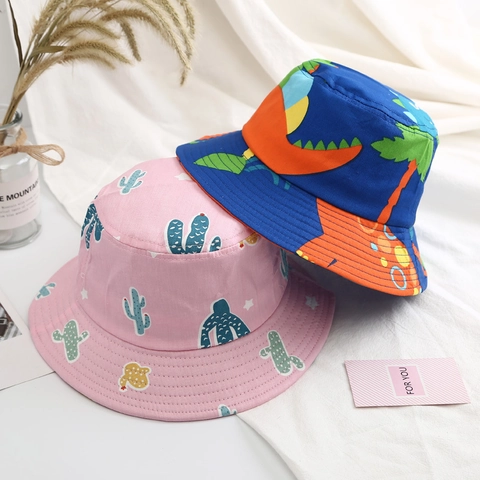 Kids Cartoon Bucket Hat Breathable Cotton Sun Protection Fisherman Hat With Dinosaur Elephant Cactus Print For Boys Girls