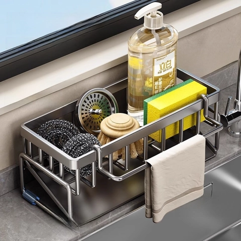 Kitchen Sink Caddy Organizer Stainless Steel Carbon Steel Sponge Holder Self Draining Pan Towel Bar Wall Mounted Rack