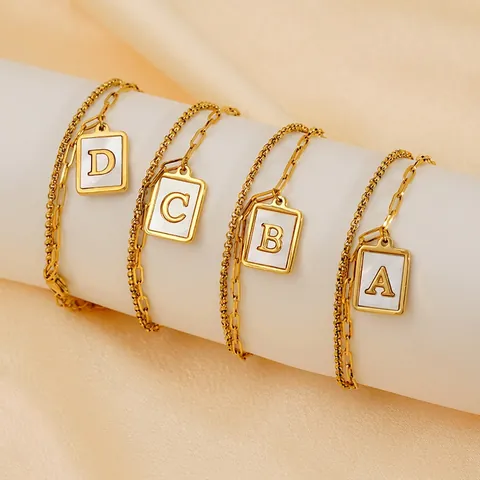 Double Layer Paperclip Chain Initial Letter Bracelet Women Titanium Steel Mother Of Artificial Pearl Shell Pendant Fashion Jewelry