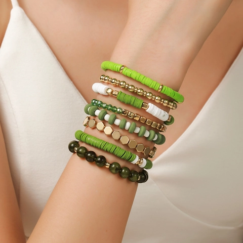 Bohemian Beaded Bracelet Set For Women Multi Layer Stackable Polymer Clay Heishi Alloy Beads Fashion Jewelry