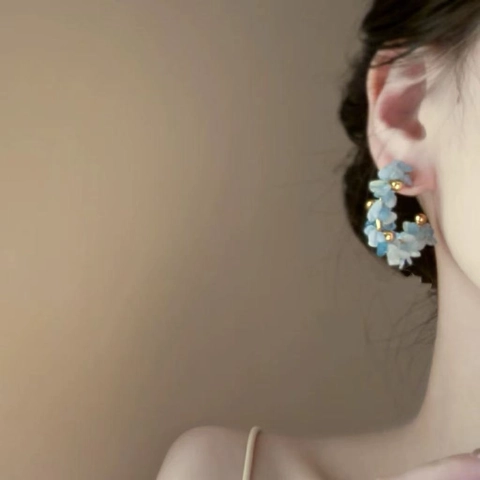 Flower Enamel Stud Earrings With Silver Earring Post Blue Floral Resin Hoop Jewelry Versatile Fresh Style Women