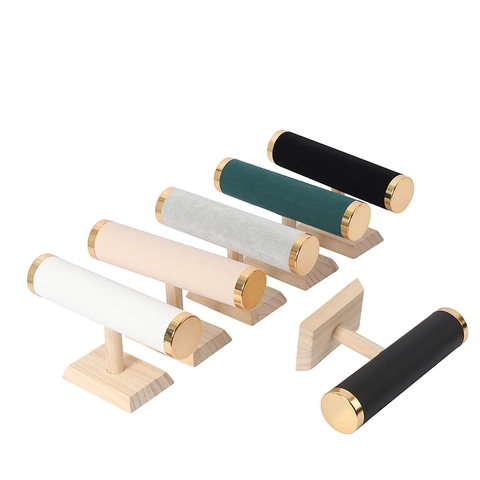 Jewelry Bracelet Watch Display Stand Solid Wood Velvet PU Leather T-Bar Organizer Holder With Golden Metal Caps