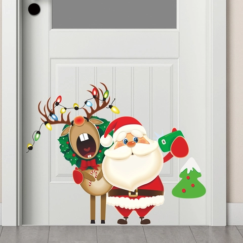 Christmas Wall Stickers Santa Claus Reindeer Tree Cartoon PVC Removable Window Glass Door Decals Holiday Home Decoration