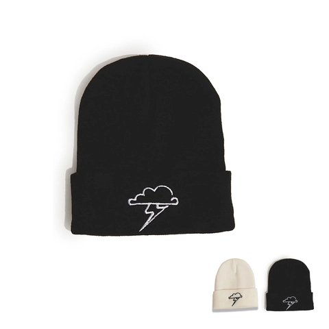 Knitted Beanie Hat Acrylic Winter Warm Embroidered Cloud Lightning Cuffed Cap Unisex Fashion Streetwear