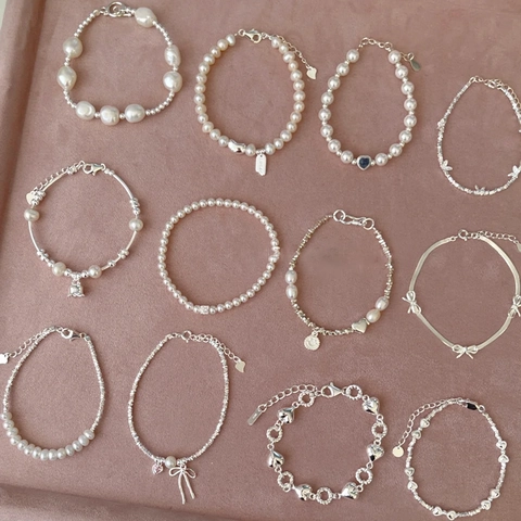 Fashion Copper Artificial Pearl Bracelet Set For Women Silver Plated Heart Star Pendant Rhinestone Charm Bracelet Jewelry
