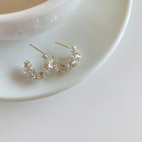 C-Shaped Stud Earrings Shiny Cubic Zirconia Twisted Design Copper With Silver Earring Post For Women Fashion Jewelry