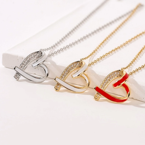 Herz Anhänger Halskette Titanstahl Mit Kupfer Zirkon Emaille Eleganter Schmuck Für Damen
