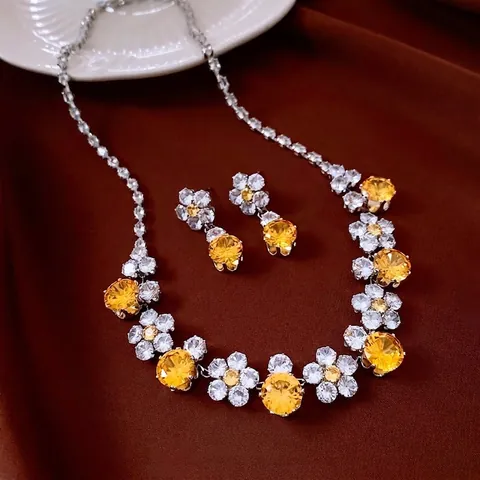 Vintage Blumen Halskette Und Ohrringe Kupfer Zirkonia Luxus Retro Schmuck Für Frauen