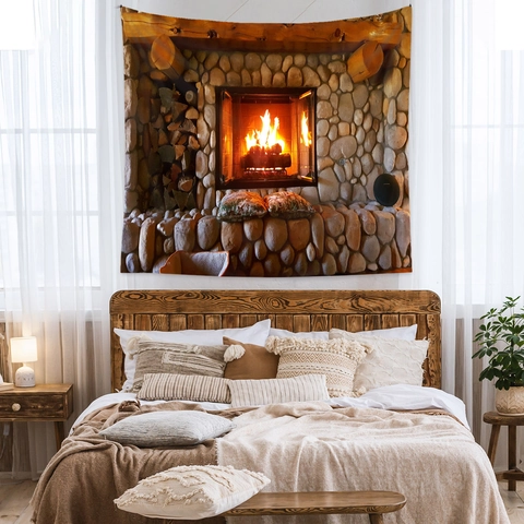 Tapiz Pared Chimenea Realista Tela Poliéster Hogar Piedra Impresión 3D Fuego Cálido Paño Colgante Para Decoración Acogedora Casa