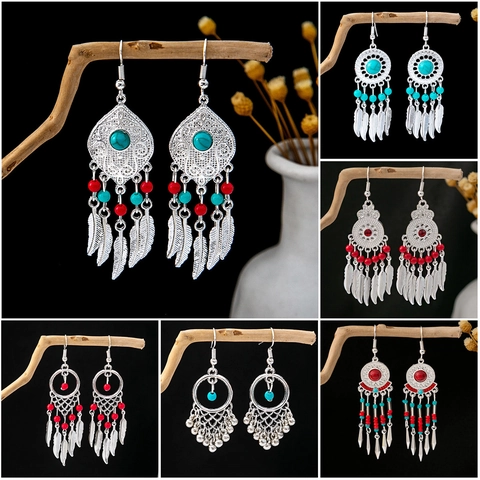 Bohemian Alloy Drop Earrings Stainless Steel Earring Post Turquoise Beads Feather Tassels Vintage Ethnic Jewelry Women
