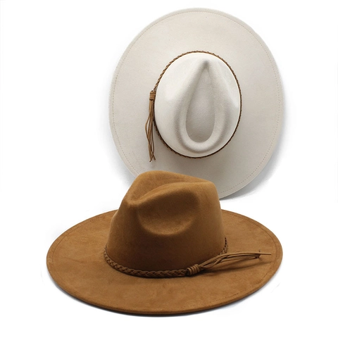 Vintage Suede Look Polyester Fedora Hat For Women Men Wide Brim Braided Band Trilby Jazz Hat Outdoor Sun Protection Panama Hat