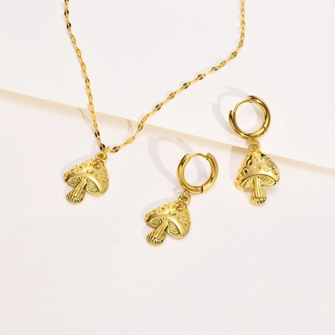 Bijoux Champignon Collier Et Boucles D'oreilles Créoles Acier Inoxydable Doré Accessoire Style Forêt Pour Femme