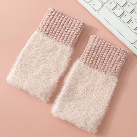 Fingerless Gloves Women Plush Knit Arm Warmers Winter Warm Ribbed Cuffs Faux Mink Fur Office Writing Mittens
