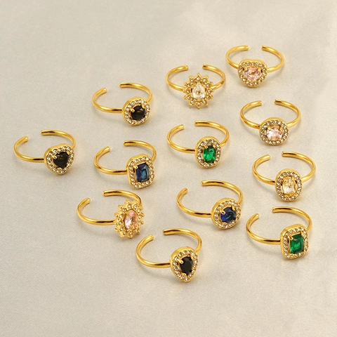 Heart Zircon Ring 18K Gold Plated Stainless Steel Adjustable Green Stone Fashion Jewelry For Women