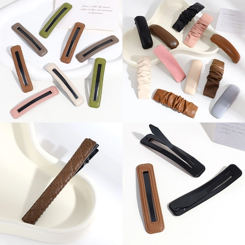 Minimalist PU Leather Hair Clips Ruched Solid Color Duckbill BB Barrettes For Women Elegant Vintage Headwear Accessory