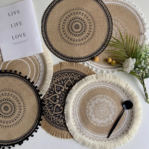 Woven Jute Placemats Round Table Mats Bohemian Mandala Print With Tassels Heat Resistant For Home Dining Table Decor