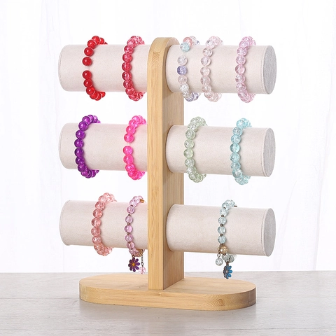 Tiered Bamboo Jewelry Display Stand For Bracelets And Watches T-Bar Organizer With Velvet Leather Surface Desktop Holder