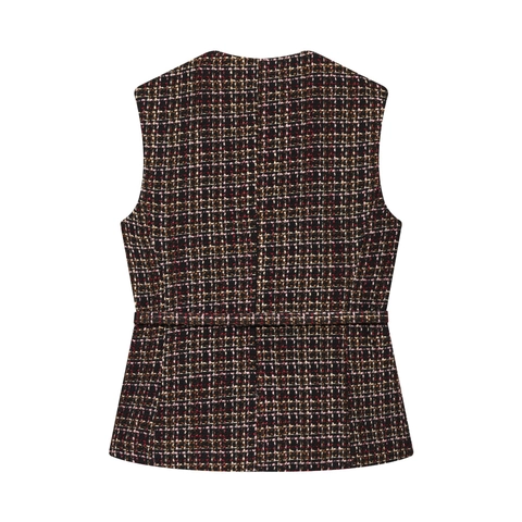 Elegant Women Tweed Vest With Belt Vintage Button Down Sleeveless Multi Color Woven Textured Waistcoat Top For Lady