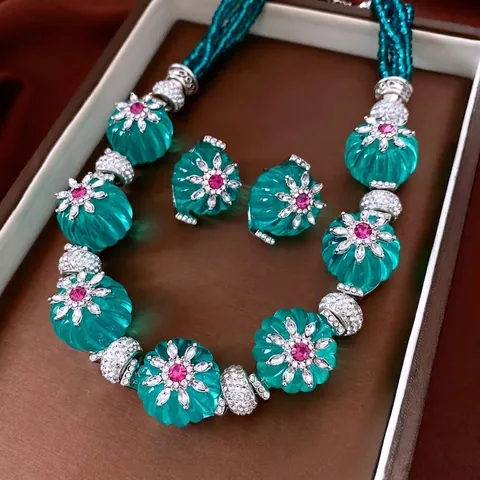 Vintage Halskette Und Ohrringe Blume Harz Kürbis Perlen Strass Mit Silbernem Ohrstecker Boho Stil Damen