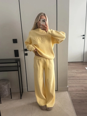 Tenue De Détente En Tricot Pour Femmes Coton Polyester Pull À Manches Longues Et Pantalon Large Vêtement Uni Assorti