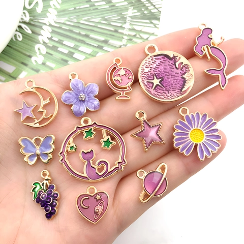 Purple Enamel Alloy Charms Assorted Cartoon Moon Star Unicorn Mermaid Pendants DIY Jewelry Making Accessories