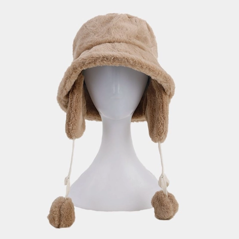 Faux Fur Ear Flap Bucket Hat Winter Warm Plush Fisherman Cap With Pom Pom Ties Windproof Thick Solid Color For Women