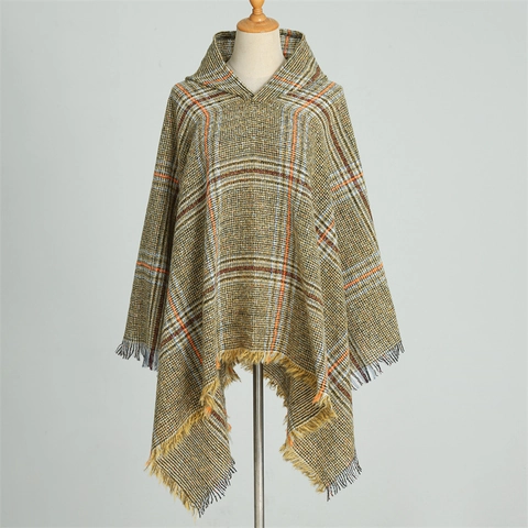 Women Hooded Poncho Cape Soft Polyester Warm Faux Cashmere Shawl With Tassels Solid Color Plaid Knitted Winter Scarf Wrap