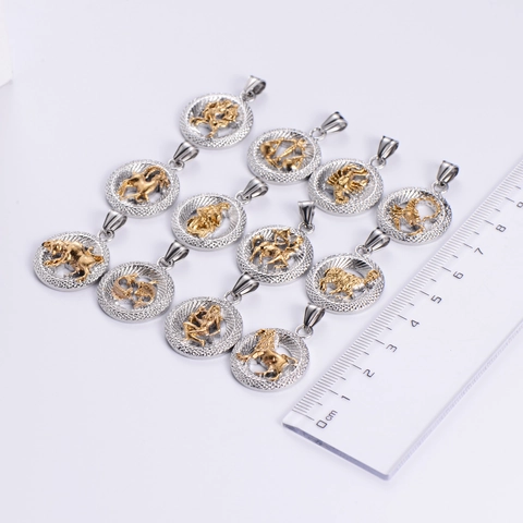 Collana Con Pendente Segno Zodiacale Acciaio Inossidabile 316 Placcato Oro 18K Tondo Rilievo Bicolore Gioielli Donna