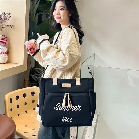 Women Canvas Tote Bag Large Capacity Shoulder Bag Crossbody Bag With Letter Embroidery Minimalist Casual Handbag