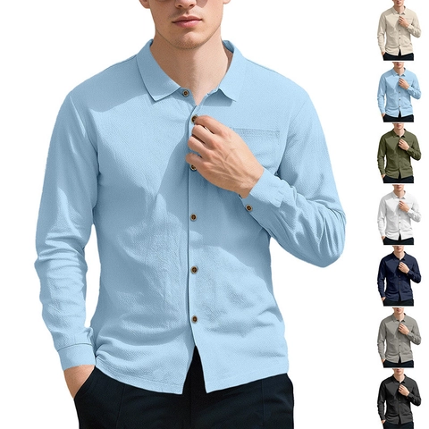 Chemise Décontractée En Lin Pour Hommes Manches Longues Boutonnée Respirante Couleur Unie Haut De Plage