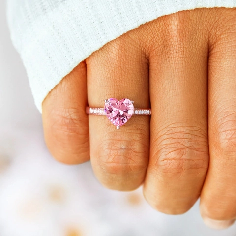 Heart Ring 925 Sterling Silver With Pink White Cubic Zirconia Fashion Romantic Anniversary Jewelry For Women