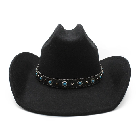 Western Cowboy Hat Retro Ethnic Felt Wide Brim With Turquoise Beads Silver Rivets Decor Sun Protection For Men Women