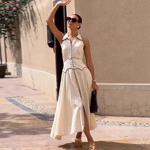 Dames Mouwloze Maxi Jurk Polyester Knoopsluiting Contrastbiezen Reverskraag Elegant Verfijnd Chic Lange Jurk