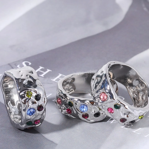 Irregular Texture Wide Band Ring Copper With Colorful Cubic Zirconia Inlaid Vintage Geometric Jewelry For Women