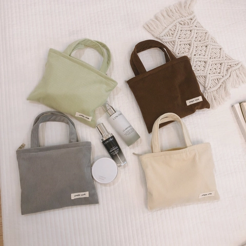 Mini Sac À Main Velours Côtelé Couleur Unie Fermeture Éclair Pochette Cosmétique Fourre-Tout Portable Pour Femmes Filles
