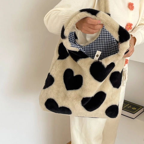 Sac Fourre-Tout En Peluche Grande Capacité Fausse Fourrure Motif Coeur Sac À Main Épaule Hiver Décontracté Pour Femmes