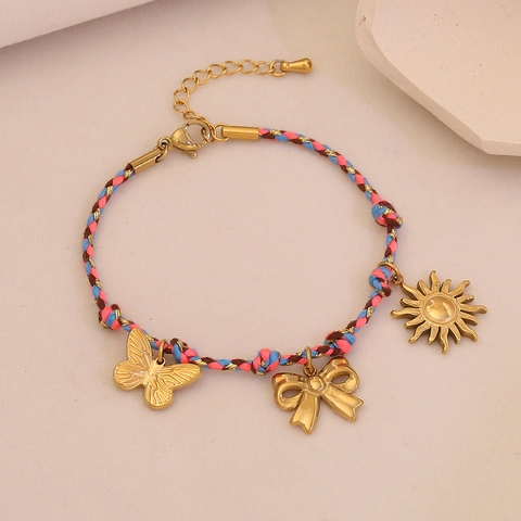 Handmade Braided Rope Bracelet Stainless Steel Sun Moon Star Charm Pendants Adjustable Boho Jewelry Women